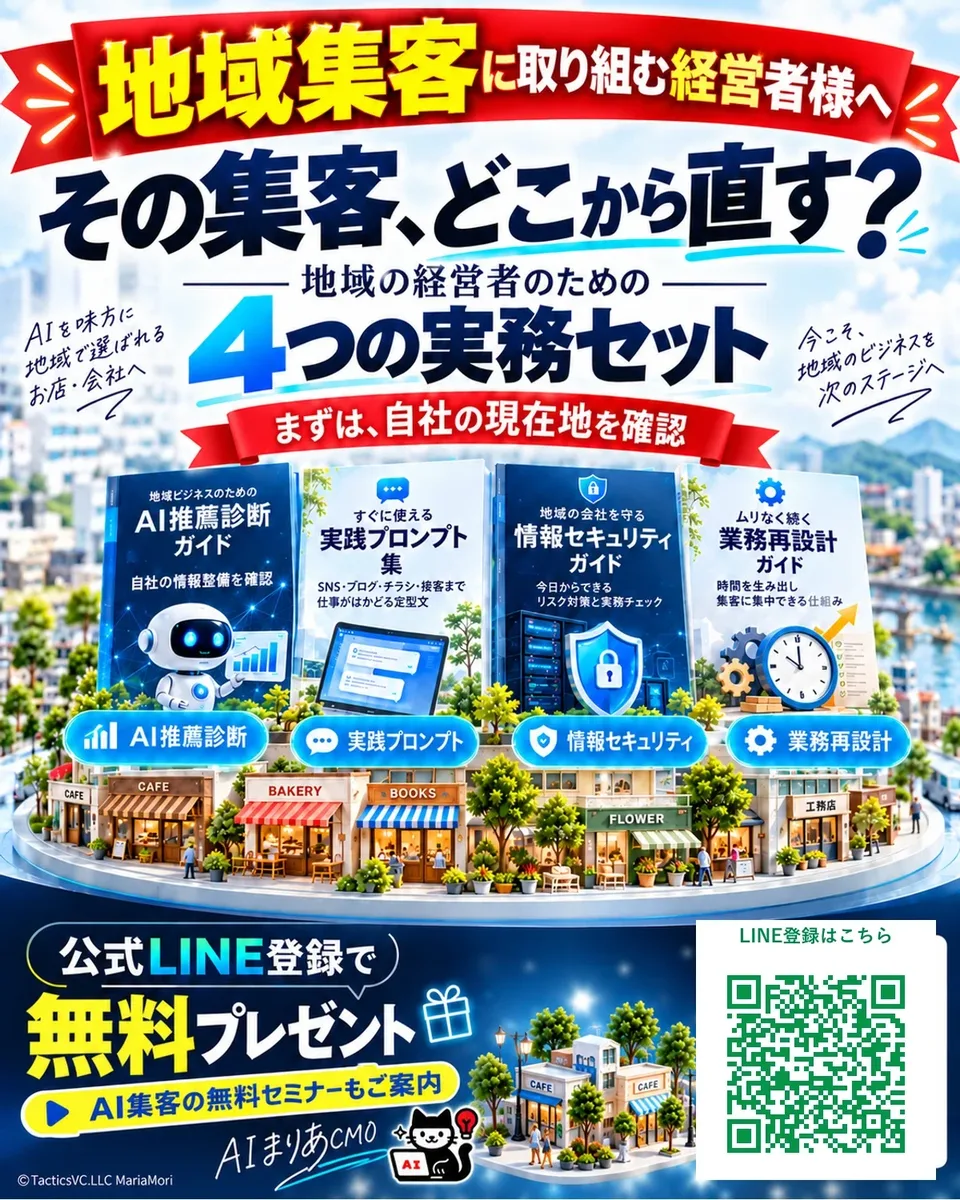 地域集客に取り組む経営者様へ。その集客、どこから直す？ 地域の経営者のための4つの実務セット（AI推薦診断・実践プロンプト・情報セキュリティ・業務再設計）。公式LINE登録で無料プレゼント。AI集客の無料セミナーもご案内