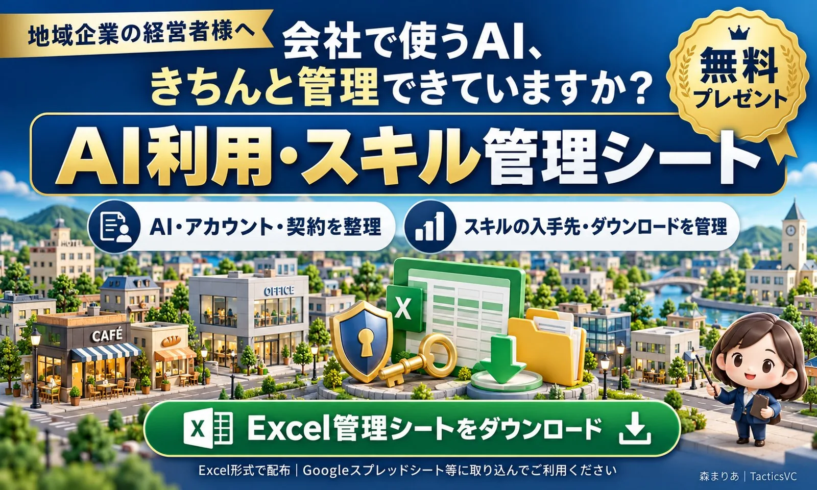 地域企業の経営者様へ 会社で使うAI、きちんと管理できていますか？ 無料プレゼント AI利用・スキル管理シート Excel管理シートをダウンロード