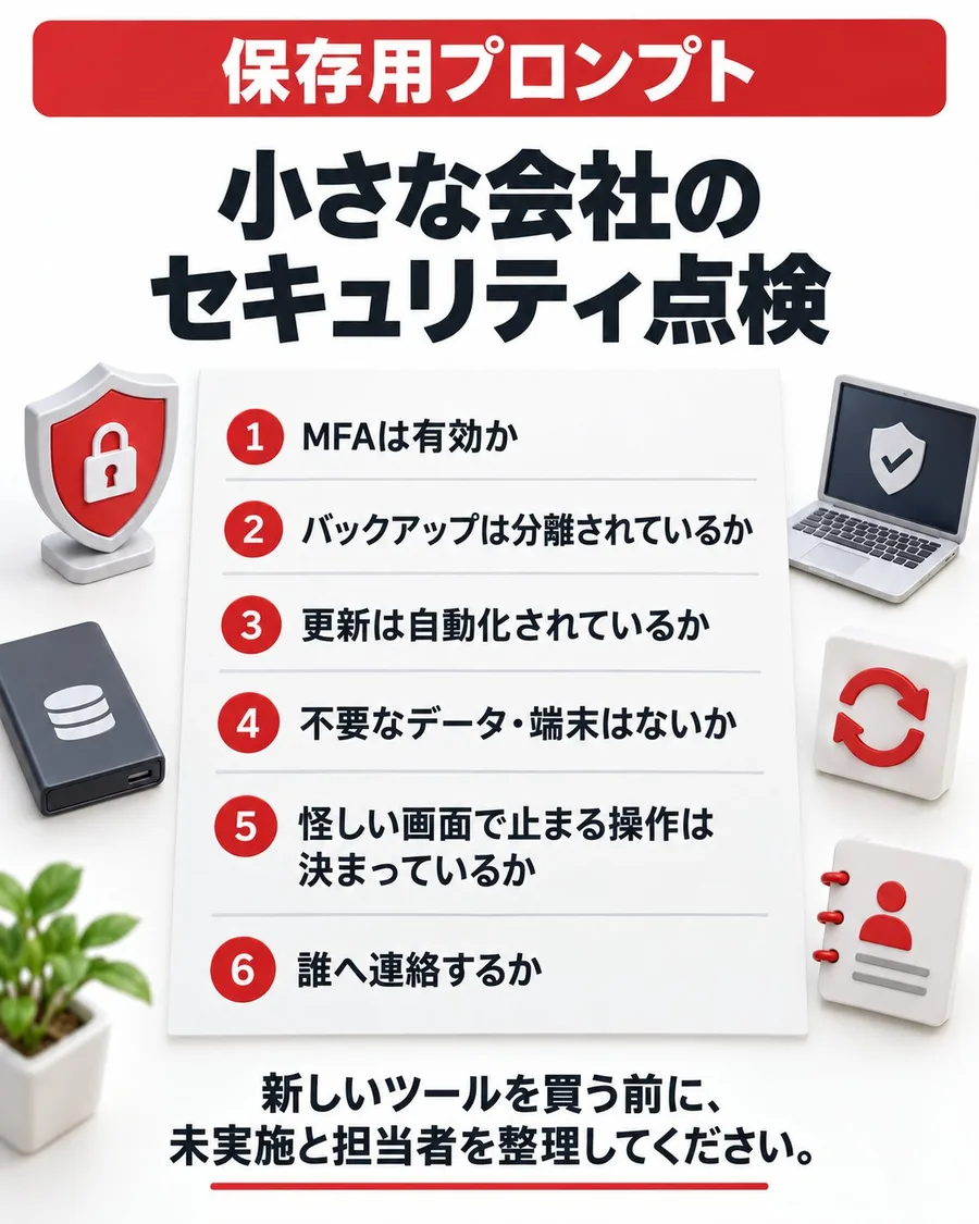 保存用プロンプト 小さな会社のセキュリティ点検 1.MFAは有効か 2.バックアップは分離されているか 3.更新は自動化されているか 4.不要なデータ・端末はないか 5.怪しい画面で止まる操作は決まっているか 6.誰へ連絡するか