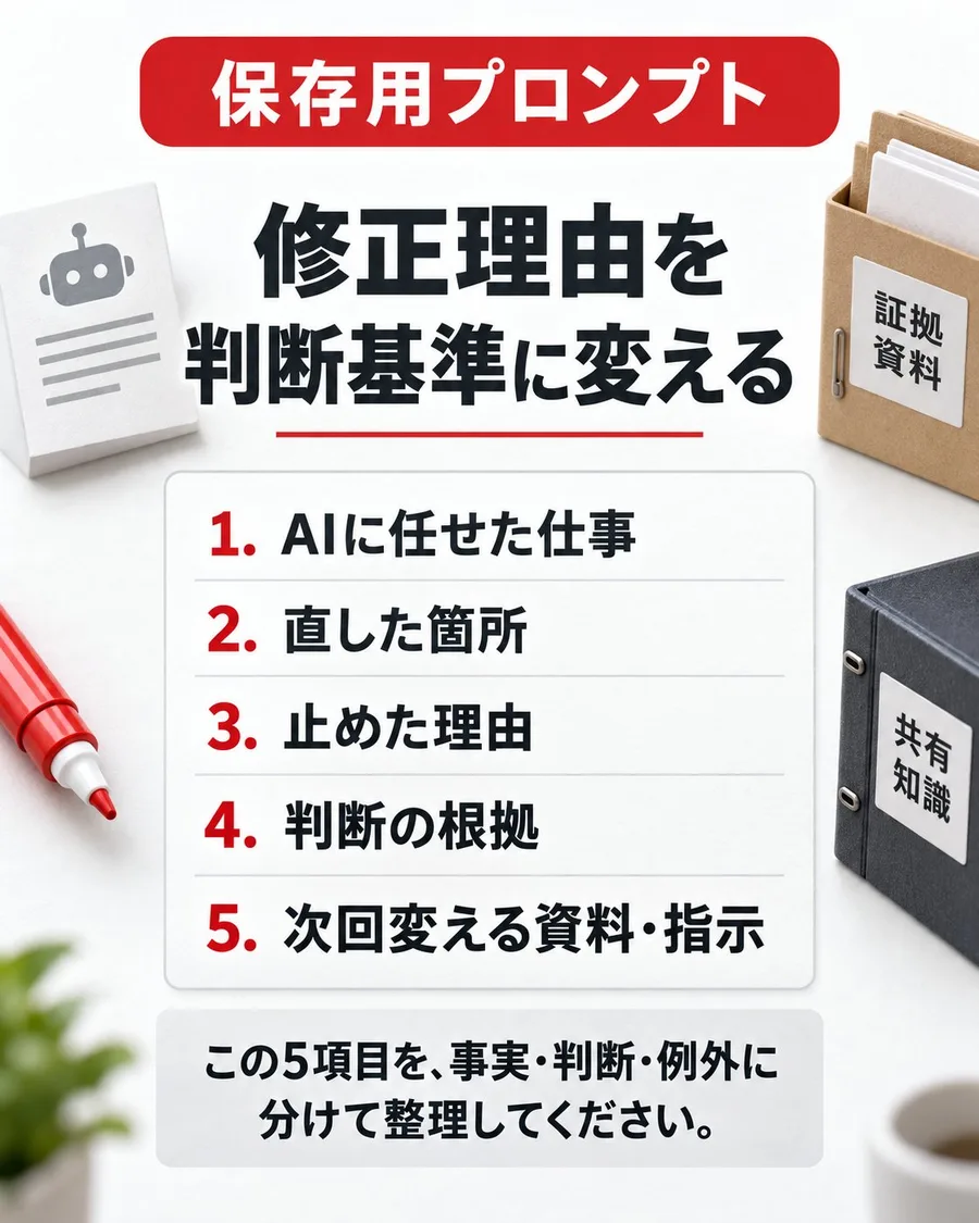 保存用プロンプト 修正理由を判断基準に変える 1.AIに任せた仕事 2.直した箇所 3.止めた理由 4.判断の根拠 5.次回変える資料・指示